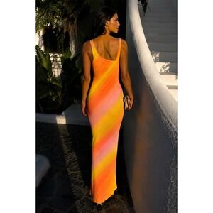 Du Paradis Orange Yellow Sunset Stripe Asymmetrical Maxi Dress Womens Large NWOT